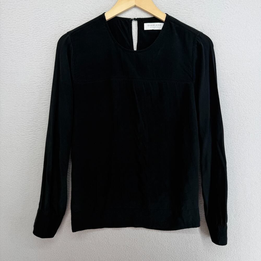 EVERLANE Top 6 M Silk Crepe de Chine Round Neck Long Sleeve Blouse Black